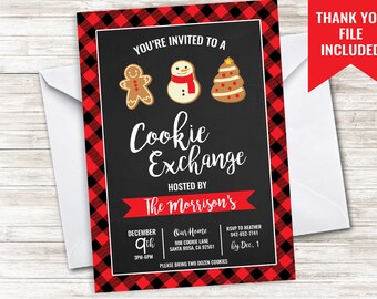 Cookie Exchange Invitation Invite Digital 5x7 Christmas Plaid Holiday Red Chalkboard Swap Party