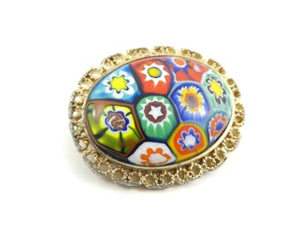 Vintage, Millefiori Brooch, Italian, Art Glass, Gold Tone, STL49