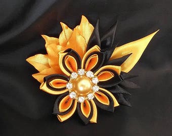 Kanzashi brooch, Fabric brooch, Flower brooch, Black and yellow pin, Fabric flower pin