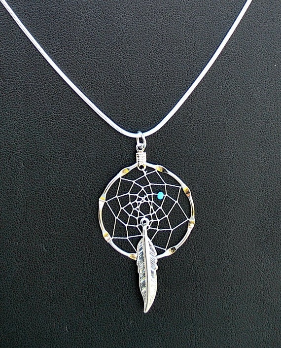 Silver Dream Catcher Necklace with Turquoise bead and feather