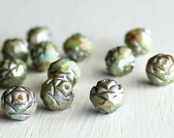 12 Opaque Green Luster Glass Rosebuds 7x8mm - Czech Glass Beads