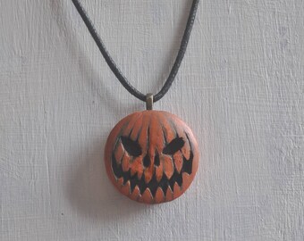 OOAK Halloween Jack O Lantern Pumpkin Polymer Clay Pendant Necklace