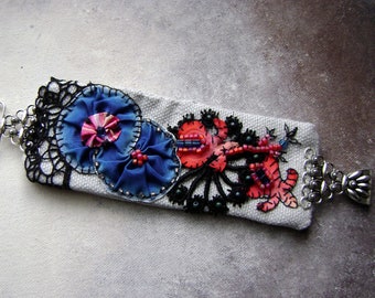 floral textile bracelet, wearable art cuff, fabric cuff bracelet, mixed media bracelet, fiber wrist cuff, vintage assemblage, AnvilArtifacts