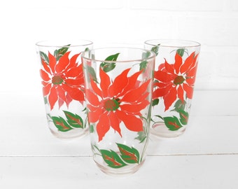 Vintage Set of 3 Red Poinsettia Drinking Glasses, Christmas Drinkware, Red Flowers Tumblers
