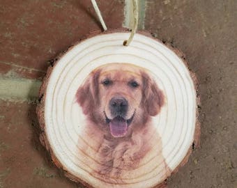 Christmas tree ornaments wood slice Golden Retriever dog real puppy ornament real bark holiday decor burlap string cute personalized name