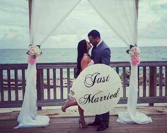 Just Married Parasol Umbrella Custom Wedding Ceremony Decoration White Ivory Photography Prop Beach Wedding Decor