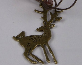 Deer Necklace, Reindeer Necklace, Christmas Jewelry, Large Flat Deer And Bird Charm Bronze