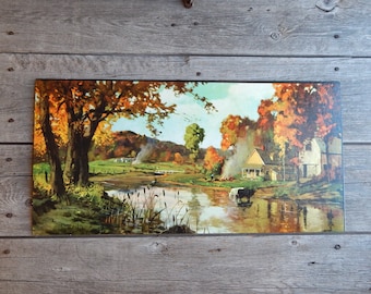 Autumn Landscape by Graule, textured Litho print marked Winde Fine Prints, Country Autumn, Unframed 12 x 24 print