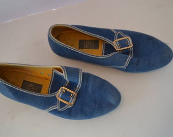 Vintage Women' Blue BRUNSWICK Bowling Shoes Size 7P Gold Buckle Strap