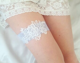 Blue garter, Bridal garter, Floral White garter, PALE POWDER BLUE Lace Garter, Something blue, Wedding garter
