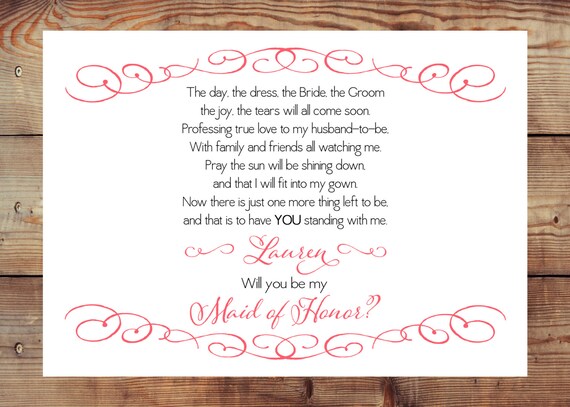 Printable Will You Be My Bridesmaid/Maid/Matron of Honor Poem