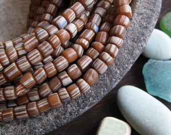 striped seed beads, brown glass beads , opaque white striped beads ,spacer barrel tube, New Indo-pacific 3 to 6 mm / 10 inch- 3BBGL19-12