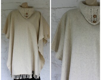 1970s Wool Cape / Vintage Bohemian Wrap / Hippie Fringe Cape / Knitted Wool Cape / Vintage Wool Fringe Cape / Boho Wrap Poncho One Size