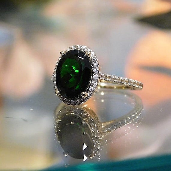 Chrome Green Tourmaline Ring / Size 6 / Pave Halo Diamond / Engagement / 10K Yellow Gold / 2.75 Carats