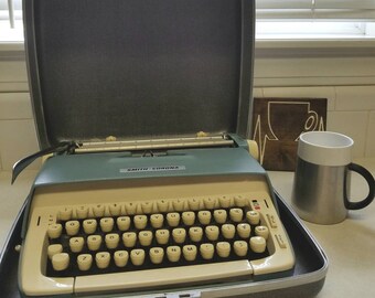 Vintage Smith Corona Blue Ivory Typewriter With Case Galaxy 1970s Mid Century