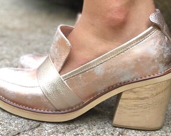 NEW Irene Leather Loafers- Women Handmade Loafers -Women Shoes - Stacked Heel Shoes -Women Rose Gold Shoes -Slip on Shoes- Textured Leather