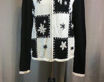 Vintage Black and White Christmas Snow Flake Sweater with Sequins & Beads Ugly Christmas Sweater Ladies Small Previously 23 Dollars ON SALE