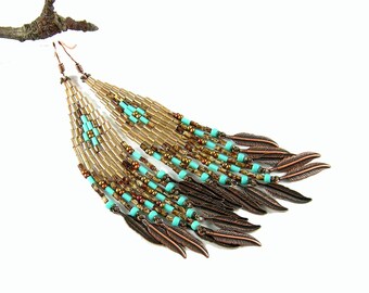 Beaded Earrings inspired by Native American Beaded Earrings, boho earrings, Native American beadwork, Last Leaves - gold, brown, turquoise