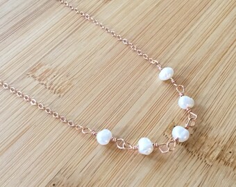 Freshwater Pearl and Rose Gold Filled Necklace, Rose Gold Jewelry, June Birthstone Jewelry, White Pearl Necklace, Anniversary Gift