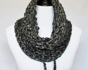 SALE! Black and Gray Crochet Cowl, Chunky Infinity Scarf, Drawstring Neck Warmer, Gathered Collar Scarf