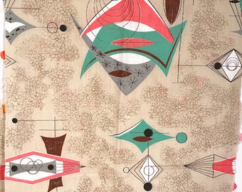 Atomic Retro Googie Barkcloth Fabric Pink Brown Green Franciscan Starburst Boomerang Barkcloth Bark Cloth