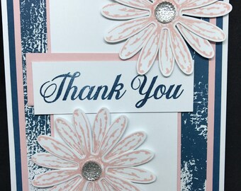 Thank You card, daisies, pink and blue