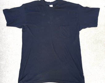 Vintage 1980s Black Basic Blank Chest Pocket tee Shirt Paper Thin Soft XXL 80s