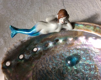 Vintage Bisque Mermaid, (occupied Japan) Abalone Shell Vanity, Soap, Trinket Dish