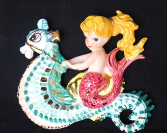 Vintage Lefton Mermaid on Seahorse Wall Plaque