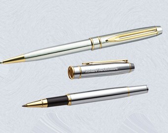 Personalized Engraved Rollerball & Pen Set custom engraved High Gloss Silvertone 3332Set for groomsmen, father, graduation, executive gifts