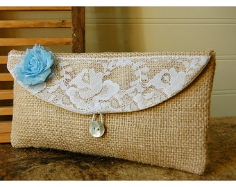 blue, burlap, lace, white, orange, gold clutch, rustic floral clutch, Spring Wedding Clutch, Bridesmaid Gift, Bridesmaid Clutch, Makeup Bag