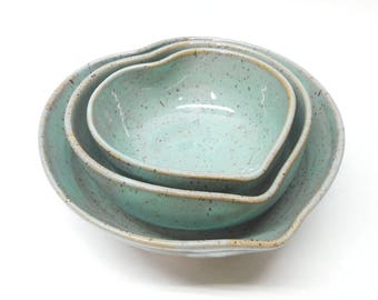 Heart Dish, Heart Pottery, Heart Bowls, Nesting Heart Bowls, Wedding Gift, Gift for Her, Set of Three in Speckled Turquoise