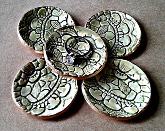 5 Tiny Ceramic Lace Ring Dishes moss green edged in gold itty bitty 2 inches