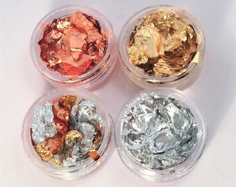 Gold leaf flakes, Metallic foil Gold leafs , transfer foil for gilding, polymer clay, resin art ,nail art, face, body, card, candle making