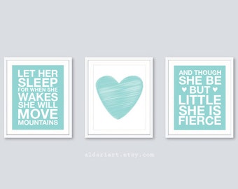 Nursery Quotes Prints - Set of 3 prints - Blue Decor - And Though She Be But Little She Is Fierce - Let Her Sleep Print - Heart Print