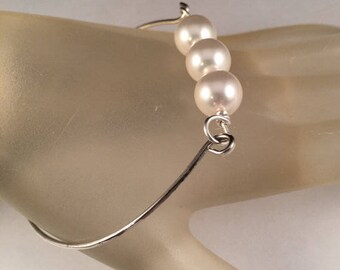 Sterling Silver Bangle Bracelet with Swarovski Crystal Pearls Fits a 7.5 Inch Wrist and Smaller, One of a Kind Previously 30 Dollars ON SALE