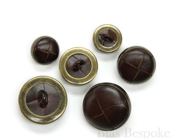 Dark Brown Woven Leather & Antique Brass Buttons in Three Sizes, Made in Italy