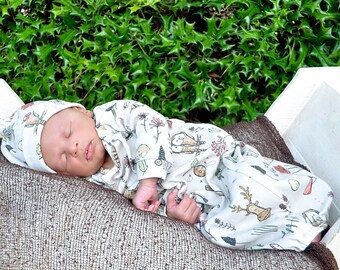 organic newborn gown, elk gown, infant gown, coming home outfit, layette, unisex baby clothes, natural baby clothes, woodland baby clothes