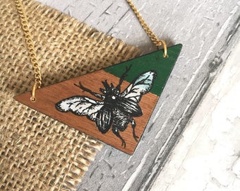 Hand painted beetle necklace • Wooden triangle necklace • geometric jewellery • handmade necklace • beetle jewellery •