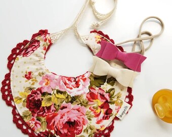 Baby Bibs, Baby Girl Crochet Bib, reversible, Vanaguelite baby Bibs, Handmade Crochet bib, Drool bibs, red floral
