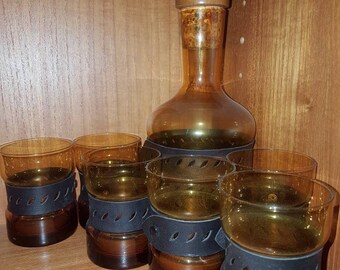 Vintage 1970s Amber glass decanter and 6 glass set