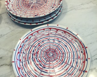 Red White and Blue dinner plates. Also 4 dessert plates.