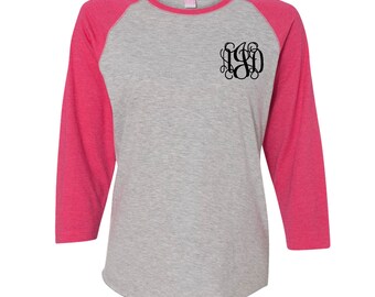 Monogrammed Pocket Baseball Shirt. Womens Monogrammed Raglan Shirt. 3/4 Sleeve Ladies Raglan T-Shirt.