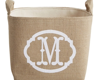 Monogrammed Burlap Storage Basket, White