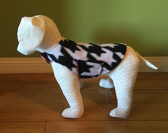 Small Houndstooth Dog Coat, Black & White Fleece with Red Fleece Lining