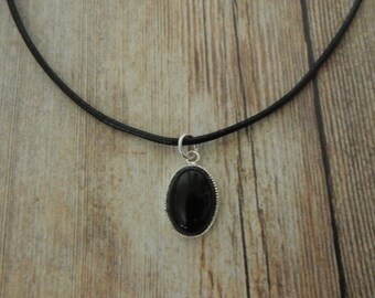 Black Onyx Choker Necklace, Black Onyx Choker, Wax Cord Choker With Black Onyx Pendant, Black Onyx Pendant