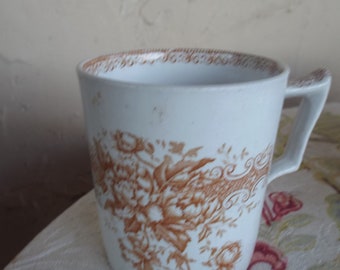 Rare Antique Ironstone Brown Transferware Coffee Cup/Mug By F.J.Emery "Sherwood" Burslem England