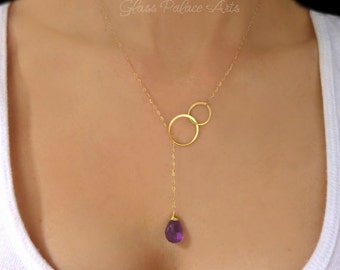 Genuine Amethyst Necklace Gold, Amethyst Teardrop Necklace Birthstone, February Birthstone Jewelry, Gemstone Lariat For Women Rose Gold