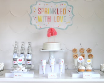 PRINTABLE 'sprinkled with love' party decor, labels and signs- complete printable party kit by kojodesigns