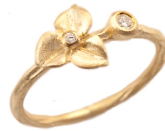 Hydrangea Blossom Diamond Engagement Ring, Stacking Ring, Diamond Flower Ring, 14kt Gold Flower, Hydrangea Ring. Handmade by Gevani Jewelry.